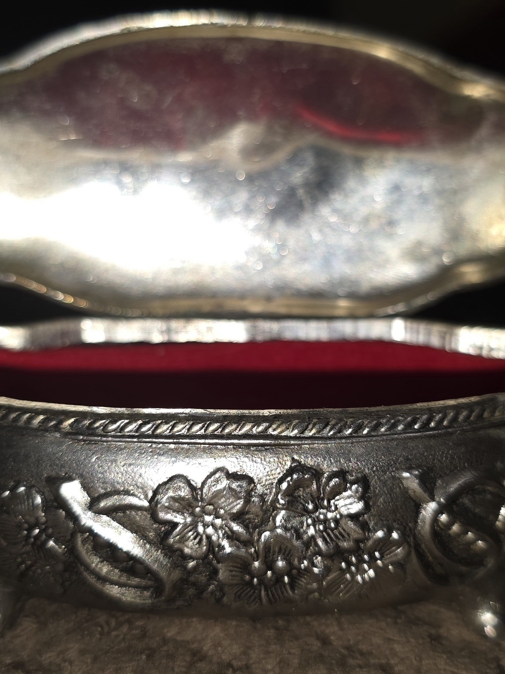 Source Unknown Silver Floral Embossed Jewelry Box with Red Lining